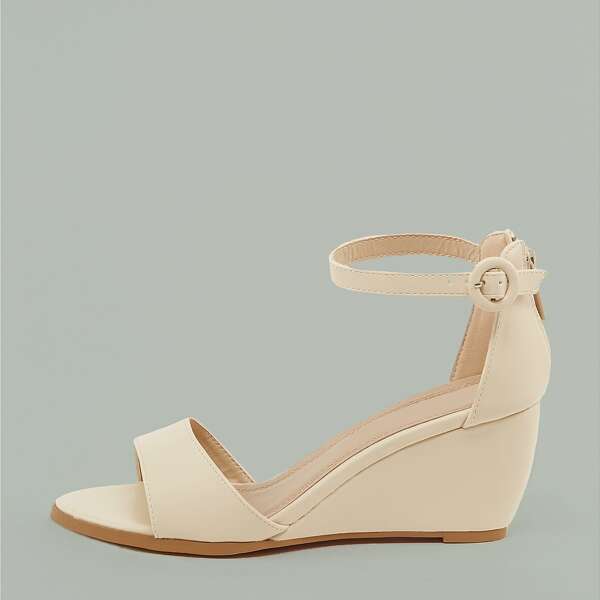 

Open Toe Ankle Strap Wedge Sandals, Beige