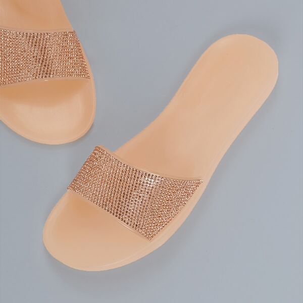 

Crystal Open Toe Band Flat Jelly Slip On Sandals, Pink