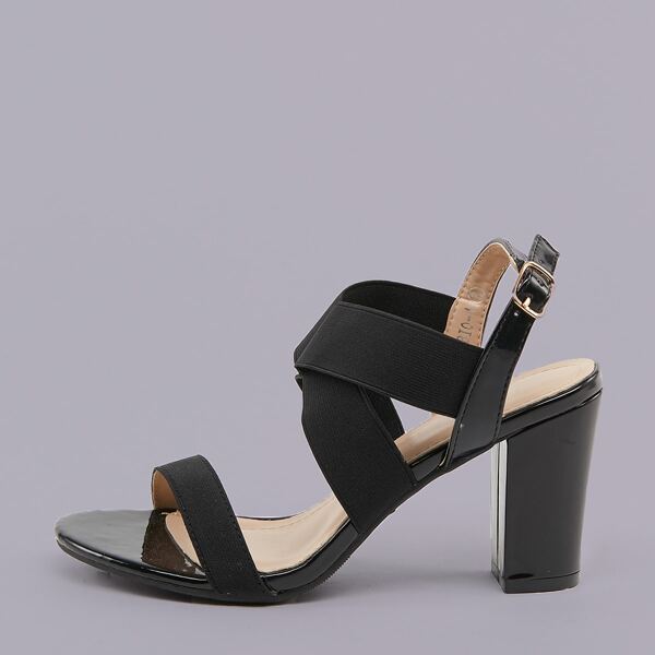 

Open Toe Patent Slingback Chunky Heel Sandals, Black