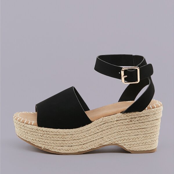 

Peep Toe Ankle Strap Platform Wedge Sandals, Black