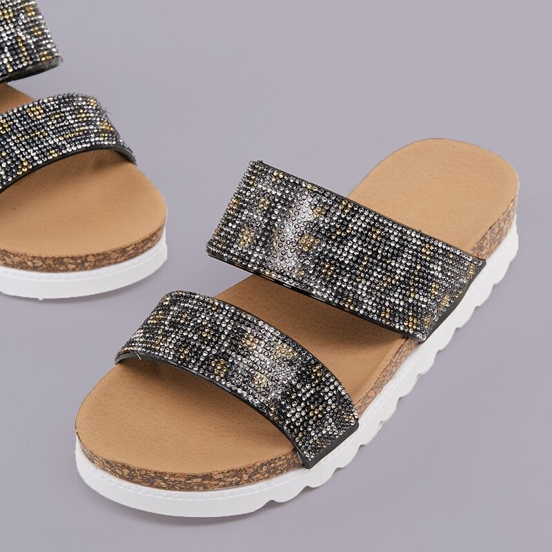 

Rhinestone Leopard Double Band Flatform Sandals, Multicolor