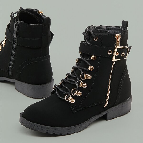 

Lace Front Buckle Detail Hiking Boots, Black