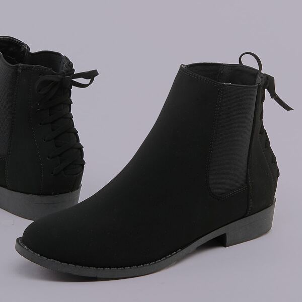

Back Laced Detail Almond Toe Chelsea Booties, Black