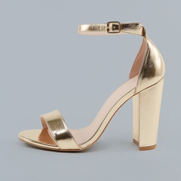 

Metallic Open Toe Ankle Strap Chunky Heel Sandals, Gold