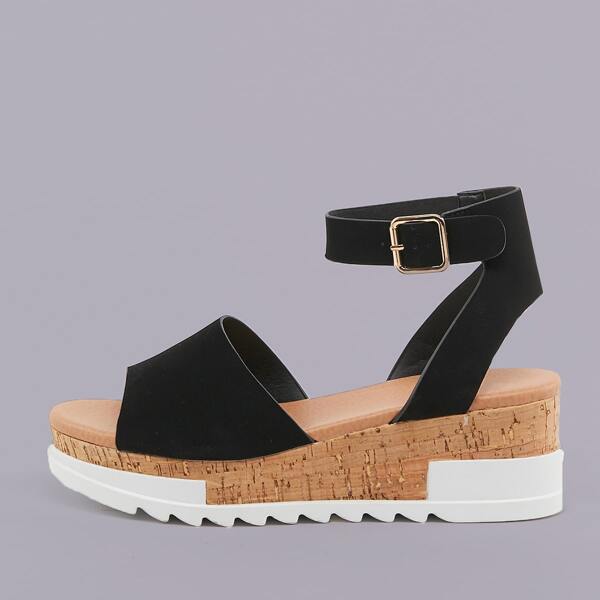 

Peep Toe Ankle Strap Flatform Sandals, Black