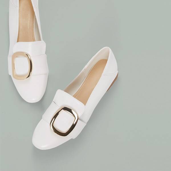 

Buckle Accent Almond Toe Slip On Loafers, White