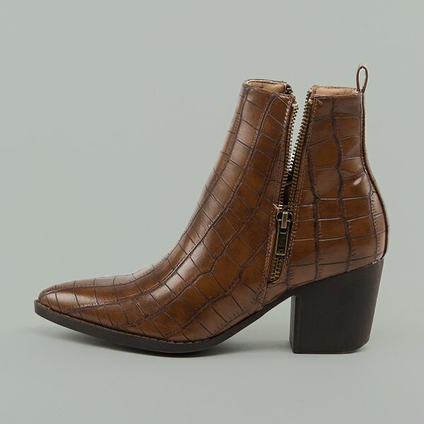 

Zipper Split Shaft Stacked Heel Croc Booties, Brown