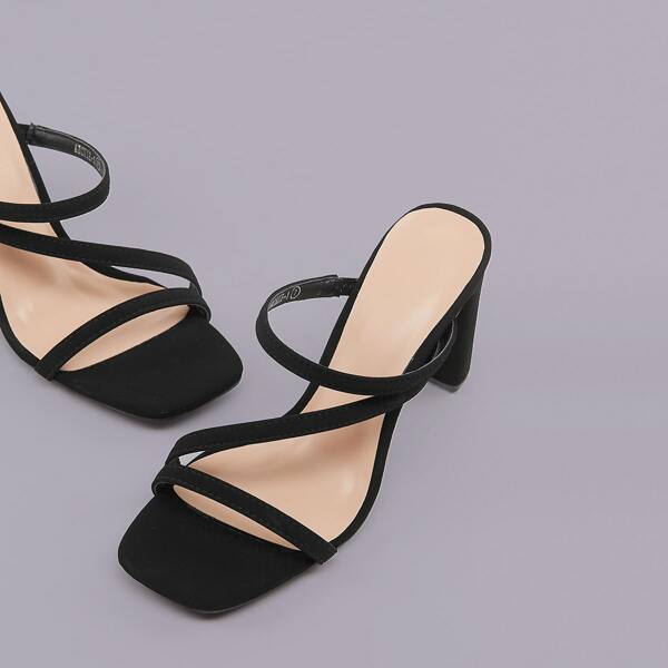 

Square Open Toe Strappy Chunky Heel Sandals, Black