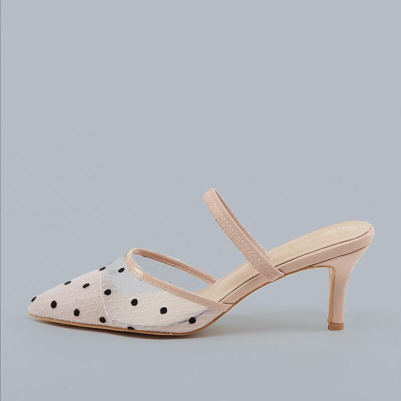 

Polka Dot Mesh Pointy Toe Low Heel Mules, Apricot