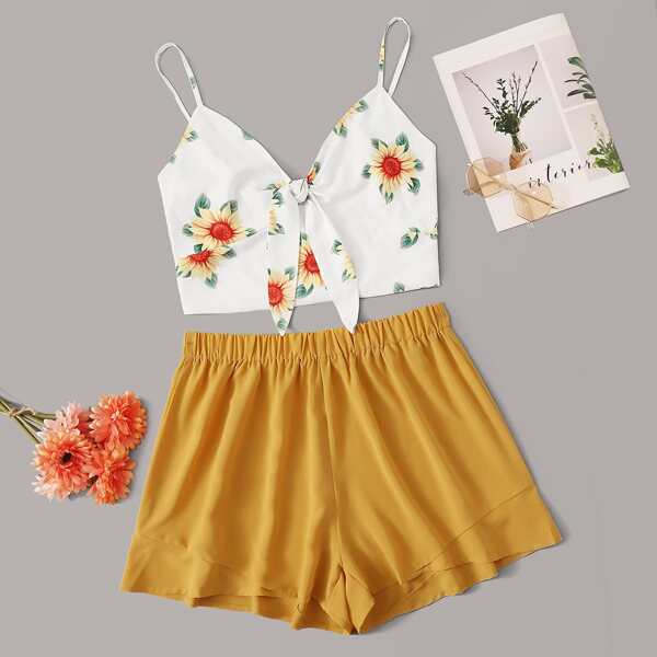 

Plus Floral Tie Front Cami Top With Shorts, Multicolor