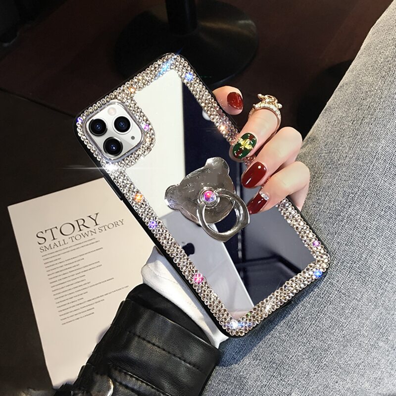 

Rhinestone iPhone Case With Bear Holder, Silver