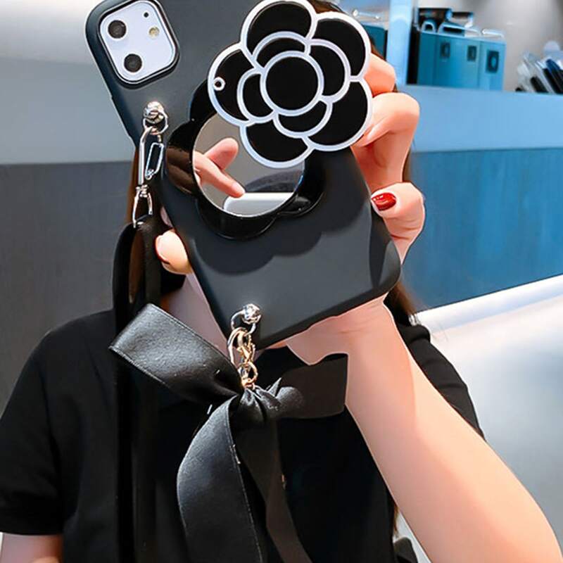 

Flower Decor iPhone Case With Lanyard, Black