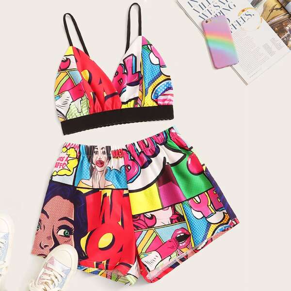 

Plus Pop Art Print Cami Top With Shorts, Multicolor