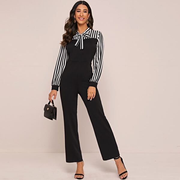 

Tie Neck Striped Zip Back Jumpsuit, Black