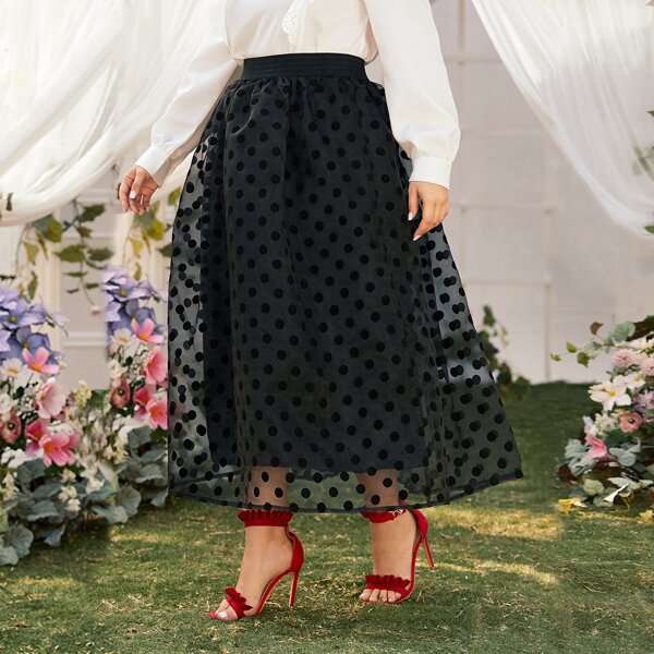 

Plus Polka Dot Organza Overlay Skirt, Black