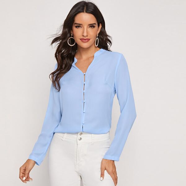 

Notch Neck Solid Blouse, Blue pastel