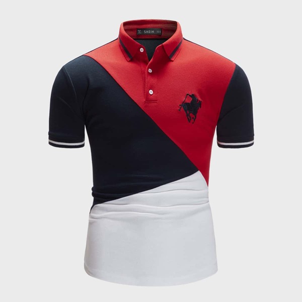 

Men Embroidered Detail Colorblock Polo Shirt, Multicolor