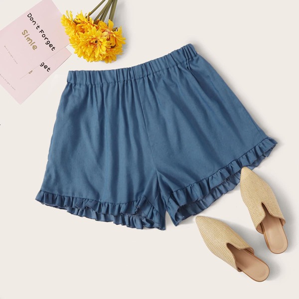 

Plus Frill Hem Elastic Waist Denim Shorts, Medium wash