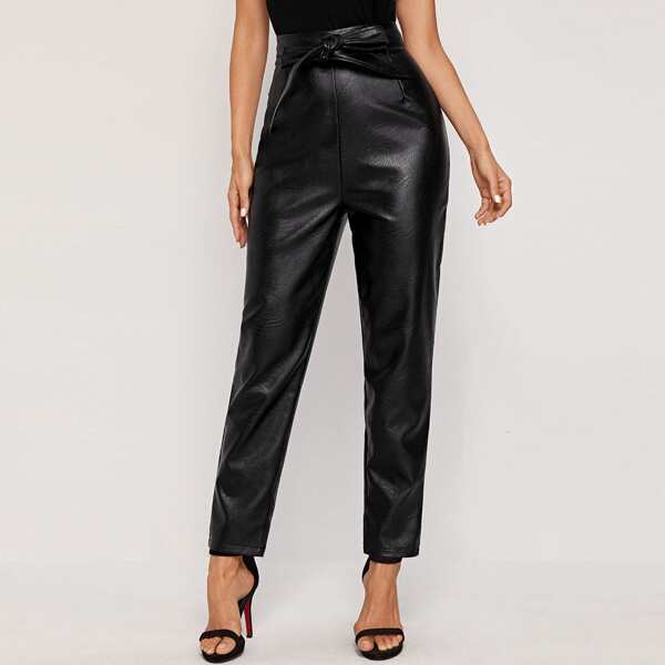 

Tie Front PU Leather Carrot Pants, Black