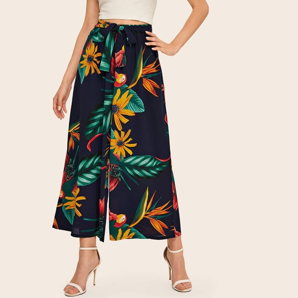 

Tropical Print Wide Leg Belted Pants, Navy blue