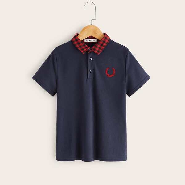 

Boys Gingham Contrast Collar Embroidery Detail Polo Shirt, Navy blue