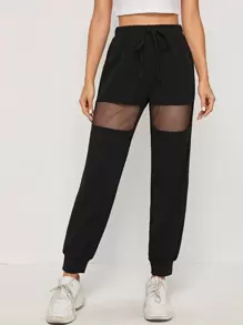 SHEIN Fishnet Insert Drawstring High-Rise Joggers - Black - View 1