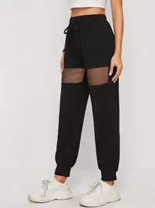 SHEIN Fishnet Insert Drawstring High-Rise Joggers - Black - View 3
