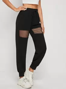 SHEIN Fishnet Insert Drawstring High-Rise Joggers - Black - View 5