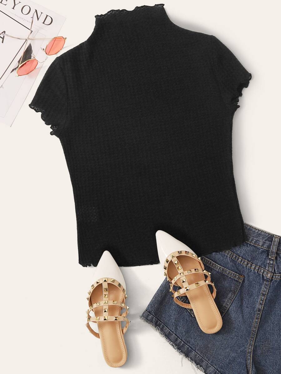 SHEIN Privé Mock Neck Lettuce Trim Textured Tee - Black - View 1