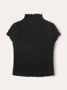 SHEIN Privé Mock Neck Lettuce Trim Textured Tee - Black - View 2