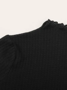 SHEIN Privé Mock Neck Lettuce Trim Textured Tee - Black - View 4