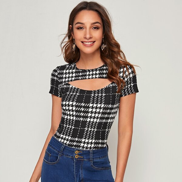 

Cutout Front Plaid Tee, Black and white