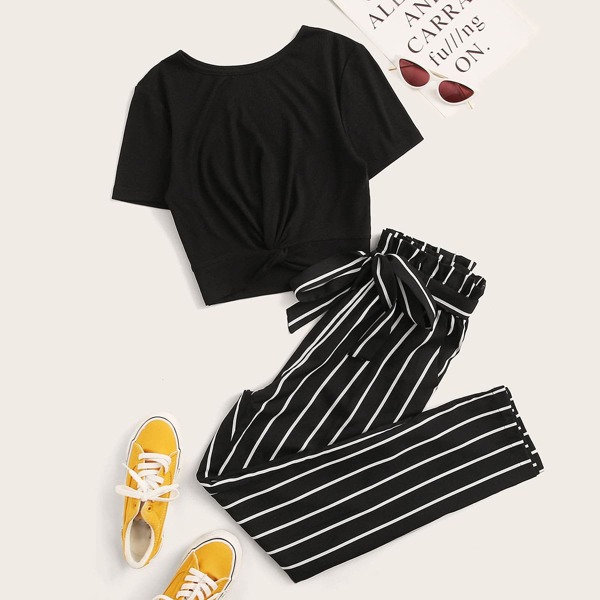 

Twist Front Solid Top & Striped Belted Pants Set, Black