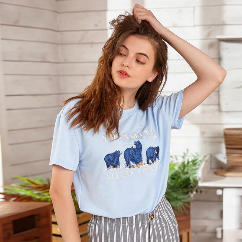 

Animal & Letter Graphic Tee, Blue pastel