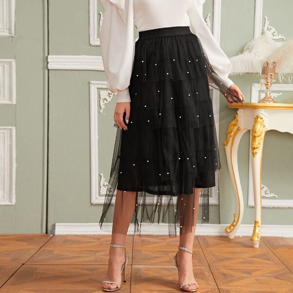 

Pearl Beaded Layered Mesh Overlay Skirt, Black