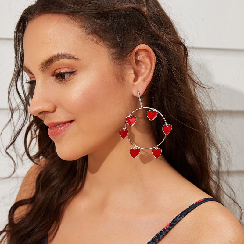 

1pair Heart Decor Hoop Drop Earrings, Red