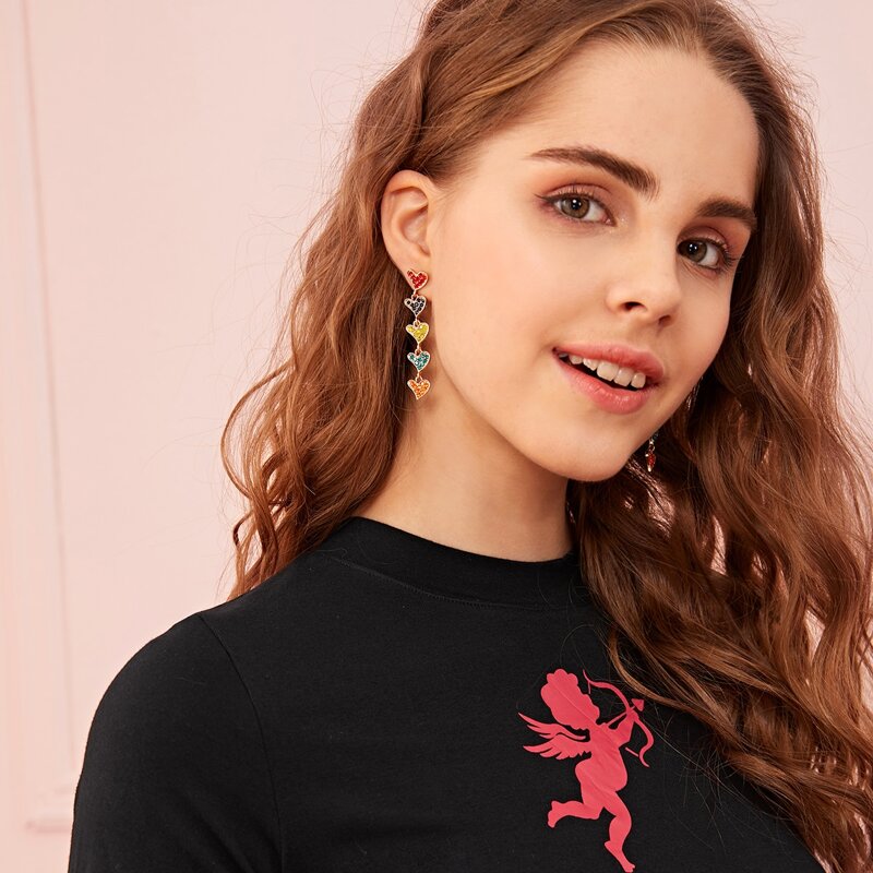 

1pair Rhinestone Engraved Layered Heart Earrings, Multicolor