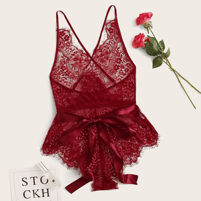 

Knot Front Floral Lace Romper Bodysuit, Burgundy