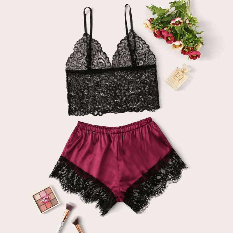 

Contrast Lace Satin Lingerie Set, Multicolor