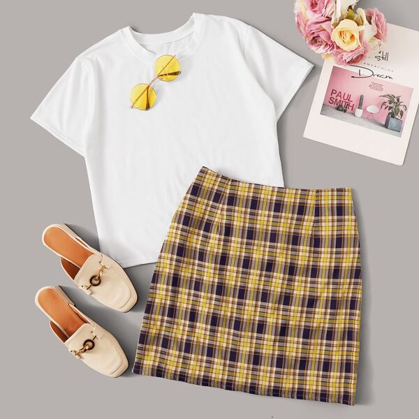 

Tee With Tartan Plaid Straight Skirt, Multicolor