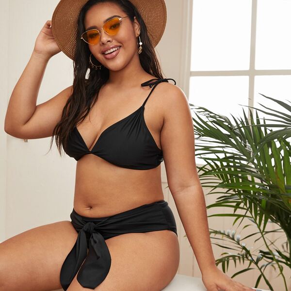 

Plus Tie Shoulder Knot High Waisted Bikini Swimsuit, Black