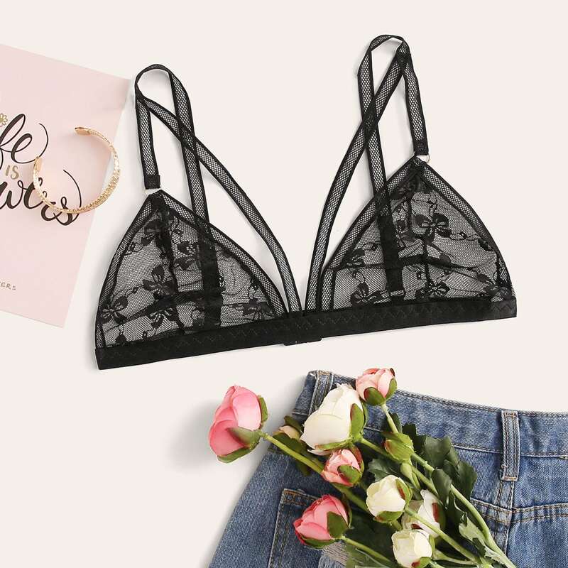 

Floral Lace Harness Bralette, Black