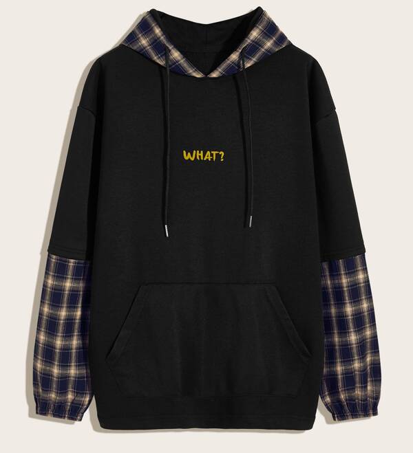 

Men Tartan & Letter Graphic Drawstring Hoodie, Black