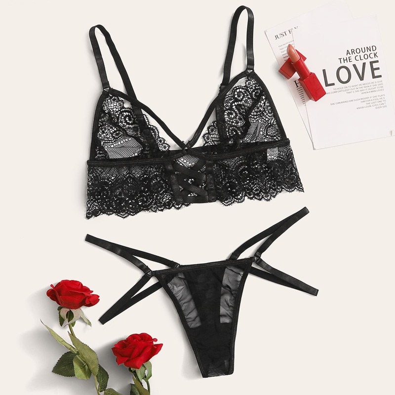 

Floral Lace Harness Lingerie Set, Black