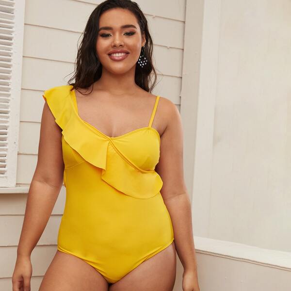 

Plus Ruffle Trim One Piece Swimsuit, Yellow