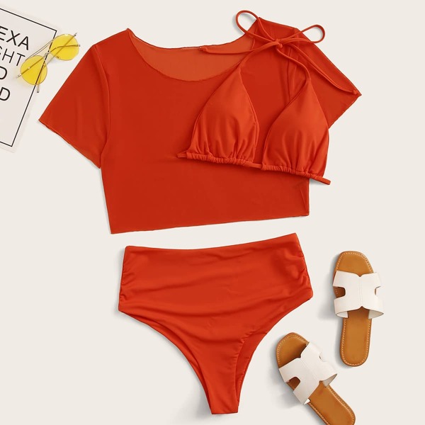 

3pack Plus Triangle Halter Bikini Swimsuit, Orange