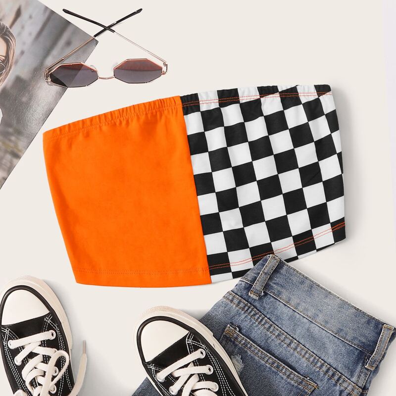 

Colorblock Checkered Tube Top, Multicolor