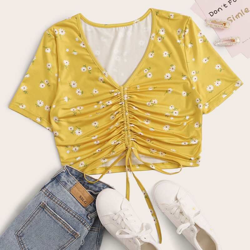 

Ditsy Floral Drawstring Crop Tee, Yellow