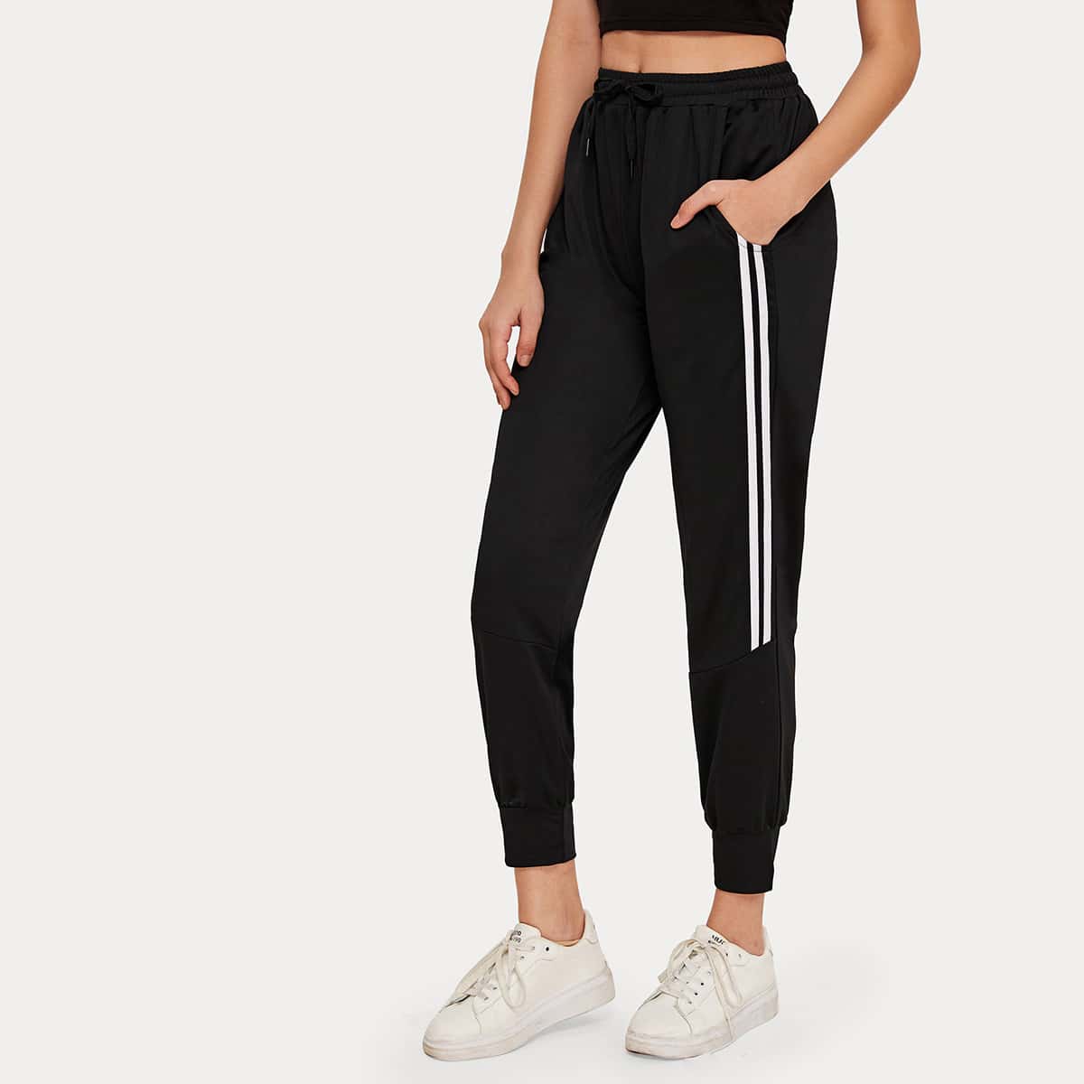 

Striped Side Drawstring Sweatpants, Black