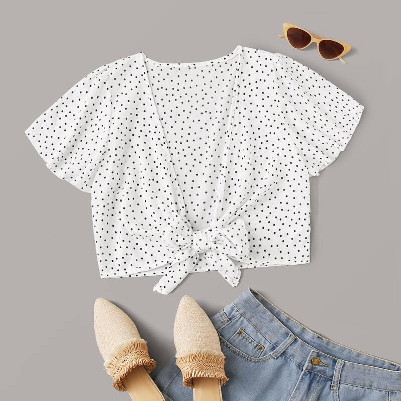 

Self Tie Polka Dot Crop Top, White